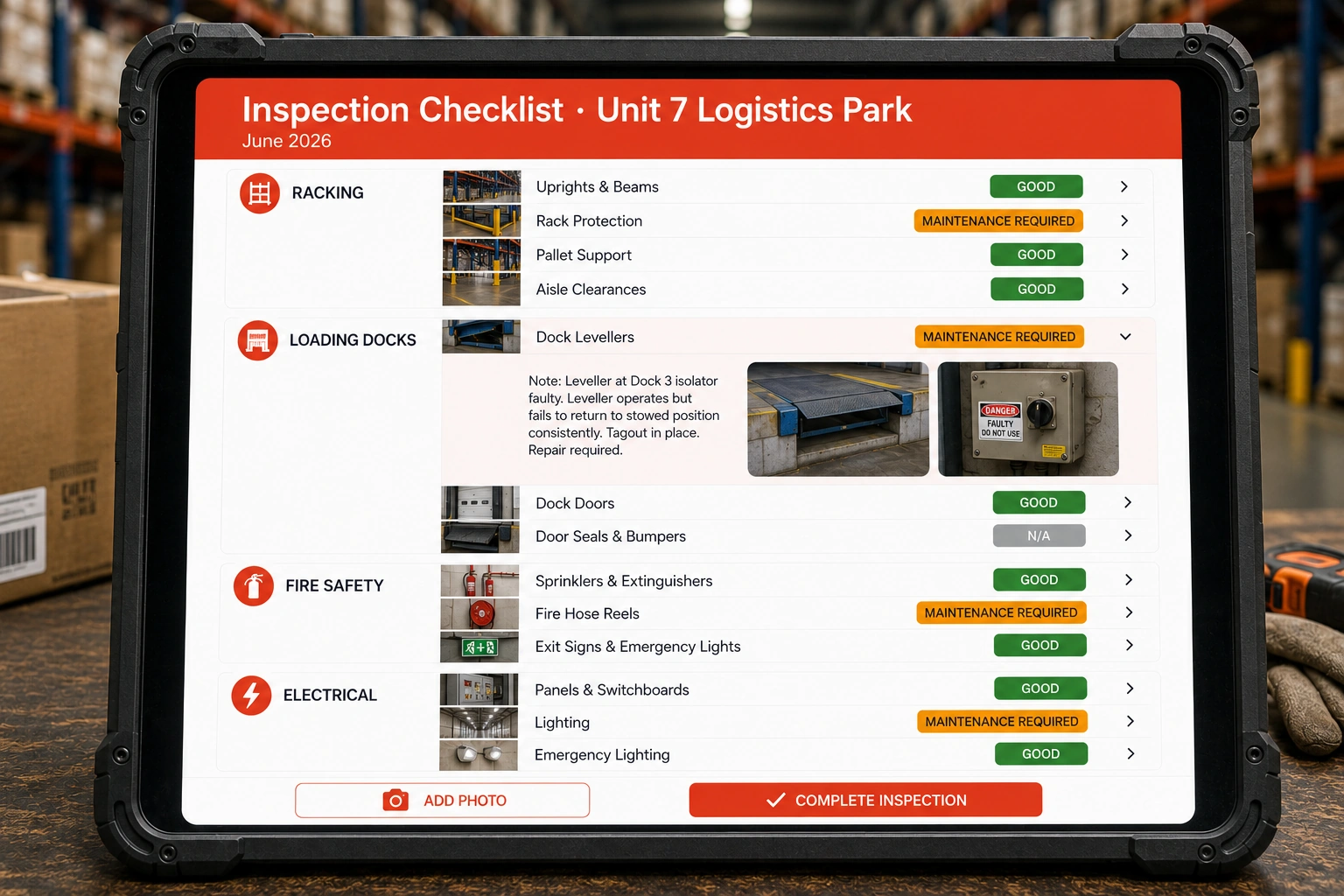 Custom warehouse inspection checklist with photos and status