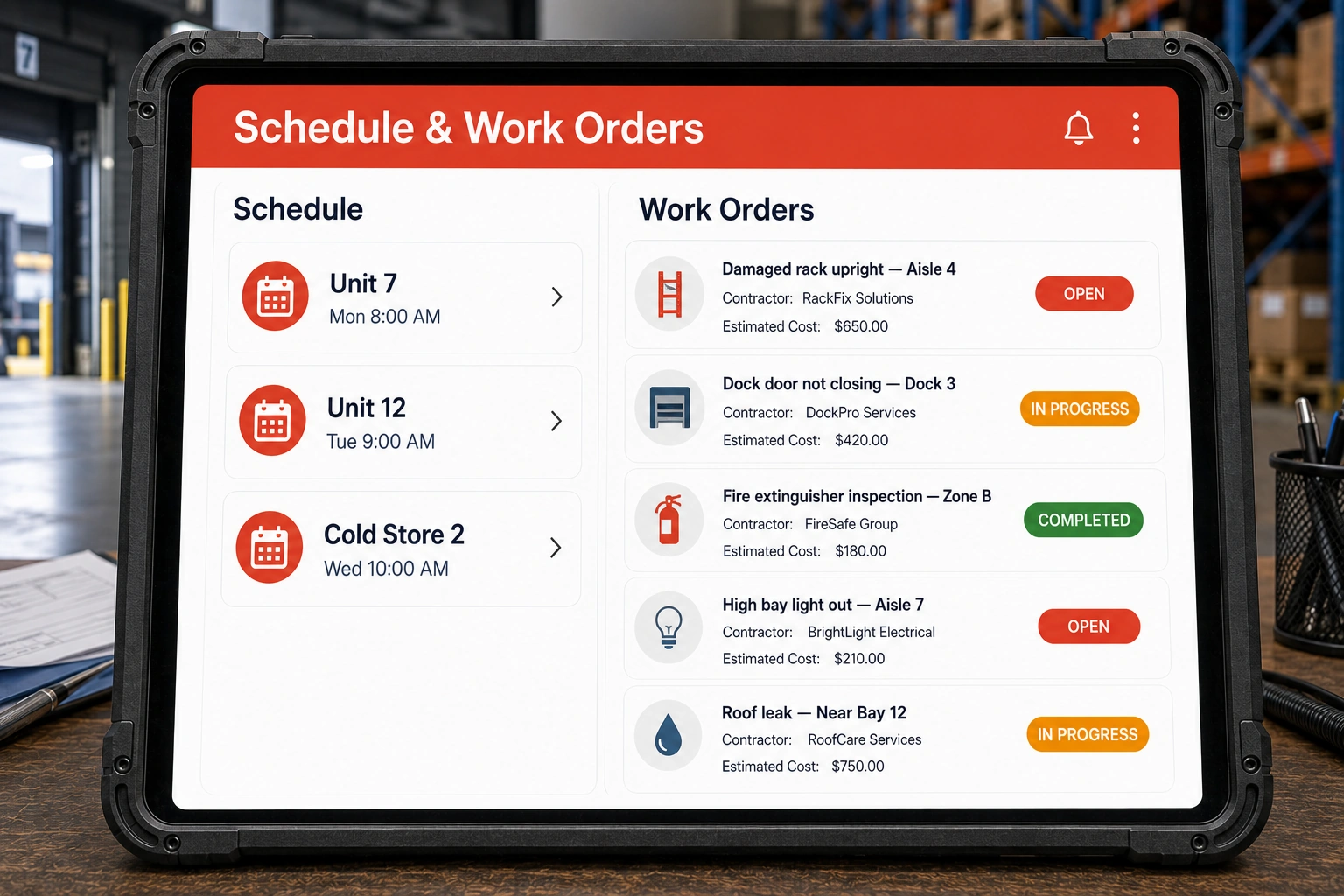 Scheduling warehouse inspections and tracking repair work orders